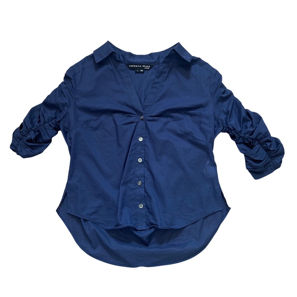 Veronica Beard porta ruched button front Navy Ruched Sleeve Cotton Shirt S - Picture 2 of 7